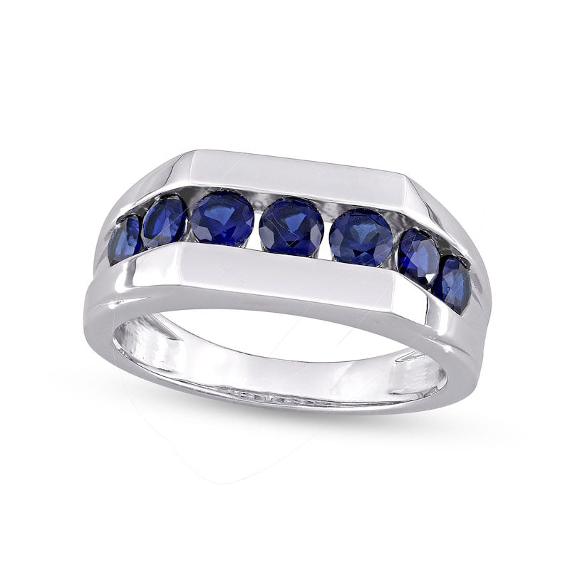 Men's Blue Lab-Created Sapphire Seven Stone Channel Band in Sterling Silver