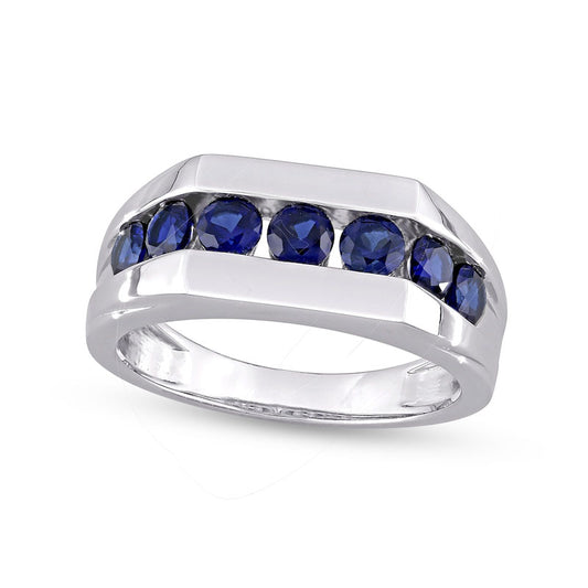 Men's Blue Lab-Created Sapphire Seven Stone Channel Band in Sterling Silver