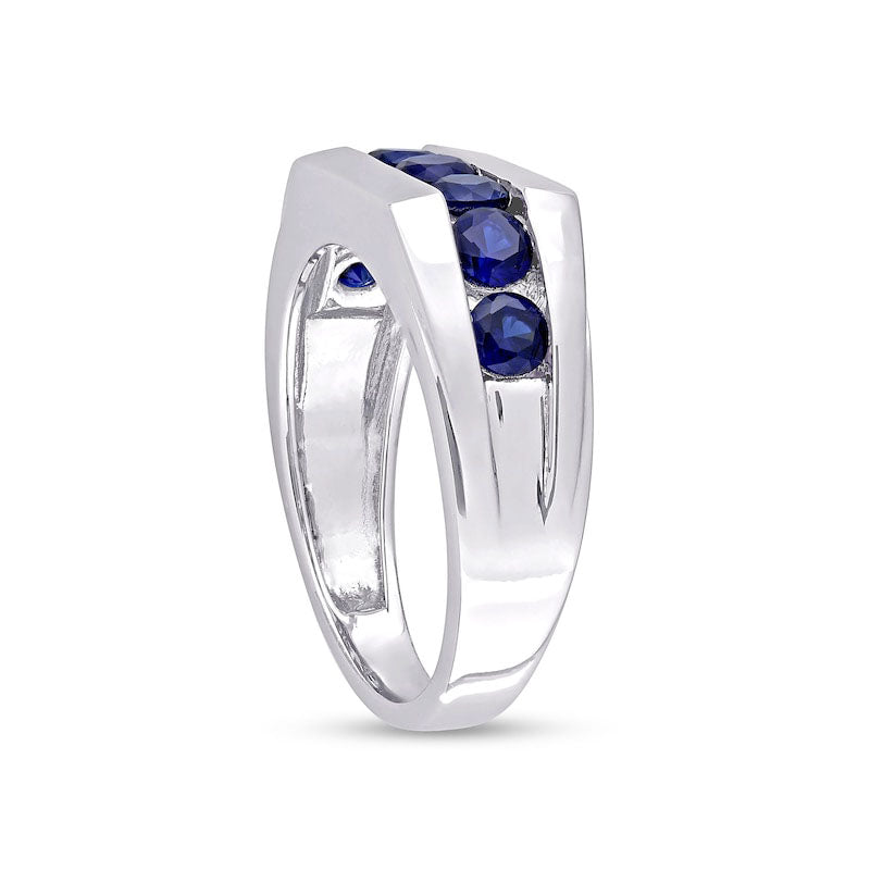 Men's Blue Lab-Created Sapphire Seven Stone Channel Band in Sterling Silver