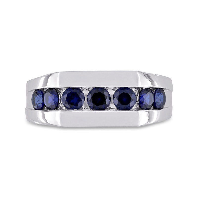 Men's Blue Lab-Created Sapphire Seven Stone Channel Band in Sterling Silver