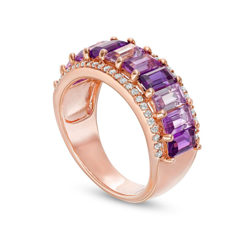 Baguette Purple Amethyst, Pink Quartz and White Lab-Created Sapphire Border Ring in Solid 18K Rose Gold Over Silver