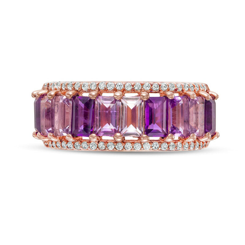 Baguette Purple Amethyst, Pink Quartz and White Lab-Created Sapphire Border Ring in Solid 18K Rose Gold Over Silver