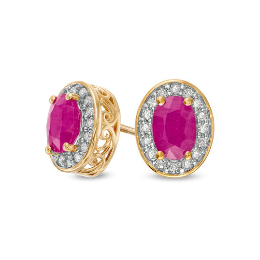 Oval Ruby and 0.13 CT. T.W. Diamond Frame Ornate Stud Earrings in 10K Gold