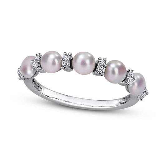 3.5-4.0mm Button Cultured Freshwater Pearl and White Topaz Duo Five Stone Alternating Stackable Band in Sterling Silver