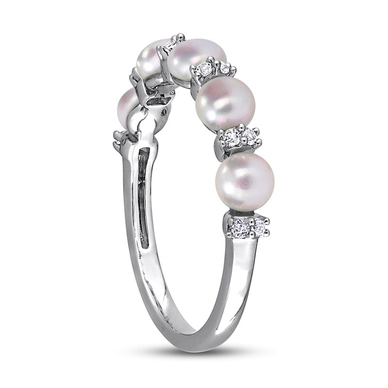 3.5-4.0mm Button Cultured Freshwater Pearl and White Topaz Duo Five Stone Alternating Stackable Band in Sterling Silver