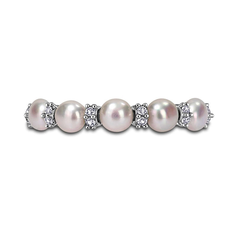 3.5-4.0mm Button Cultured Freshwater Pearl and White Topaz Duo Five Stone Alternating Stackable Band in Sterling Silver