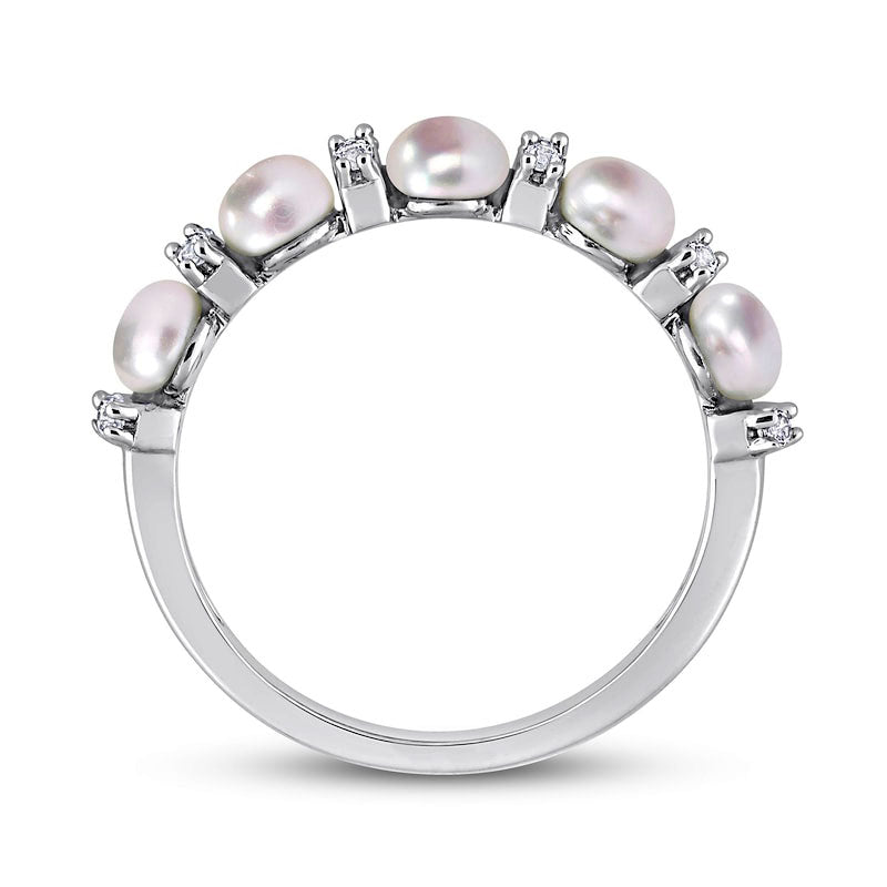 3.5-4.0mm Button Cultured Freshwater Pearl and White Topaz Duo Five Stone Alternating Stackable Band in Sterling Silver