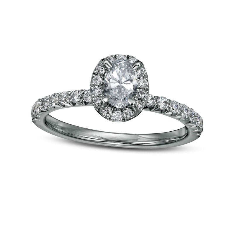 1.0 CT. T.W. Oval Natural Diamond Frame Engagement Ring in Solid 14K White Gold (I/I2)