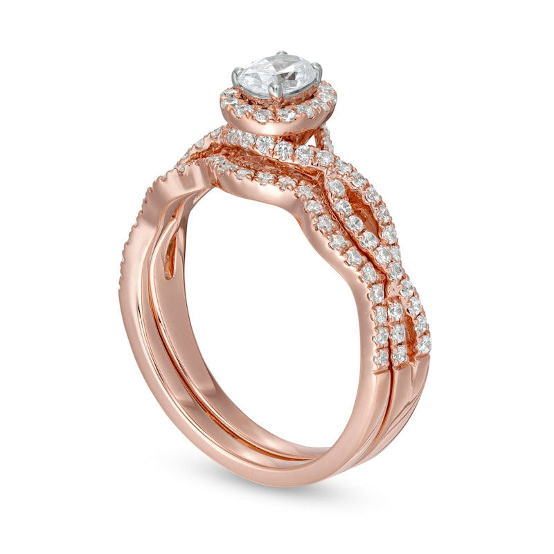 1.0 CT. T.W. Oval Natural Diamond Frame Split Shank Bridal Engagement Ring Set in Solid 14K Rose Gold (I/I2)