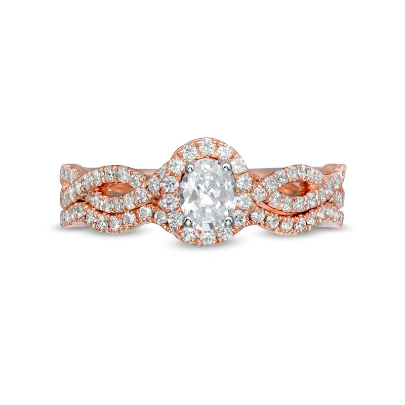 1.0 CT. T.W. Oval Natural Diamond Frame Split Shank Bridal Engagement Ring Set in Solid 14K Rose Gold (I/I2)