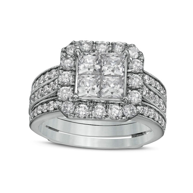 2.5 CT. T.W. Princess-Cut Quad Natural Diamond Frame Antique Vintage-Style Bridal Engagement Ring Set in Solid 14K White Gold