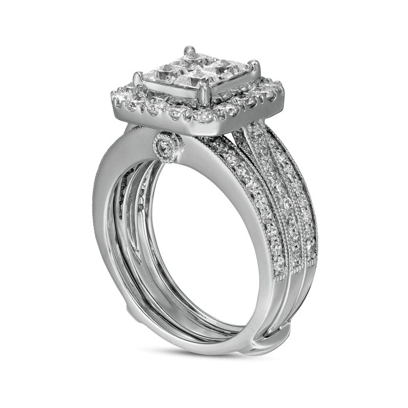 2.5 CT. T.W. Princess-Cut Quad Natural Diamond Frame Antique Vintage-Style Bridal Engagement Ring Set in Solid 14K White Gold