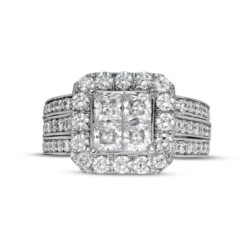 2.5 CT. T.W. Princess-Cut Quad Natural Diamond Frame Antique Vintage-Style Bridal Engagement Ring Set in Solid 14K White Gold