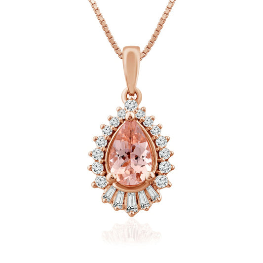 Pear-Shaped Morganite and 0.25 CT. T.W. Baguette and Round Frame Teardrop Pendant in 14K Rose Gold