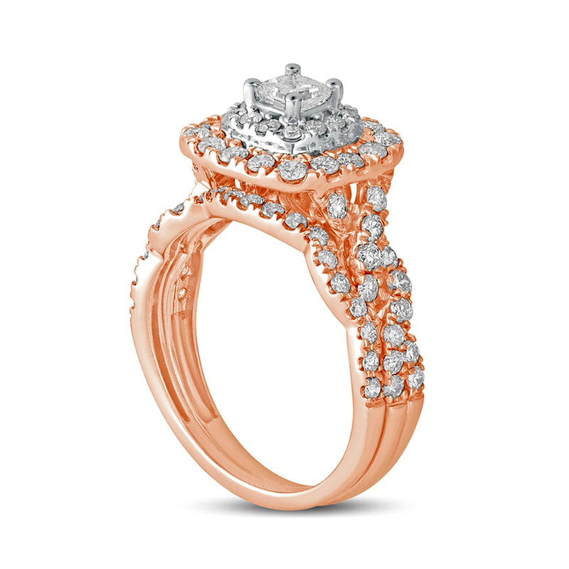 1.5 CT. T.W. Princess-Cut Natural Diamond Double Cushion Frame Twist Shank Bridal Engagement Ring Set in Solid 10K Rose Gold