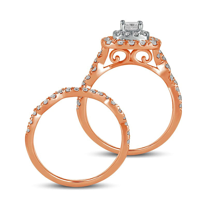 1.5 CT. T.W. Princess-Cut Natural Diamond Double Cushion Frame Twist Shank Bridal Engagement Ring Set in Solid 10K Rose Gold