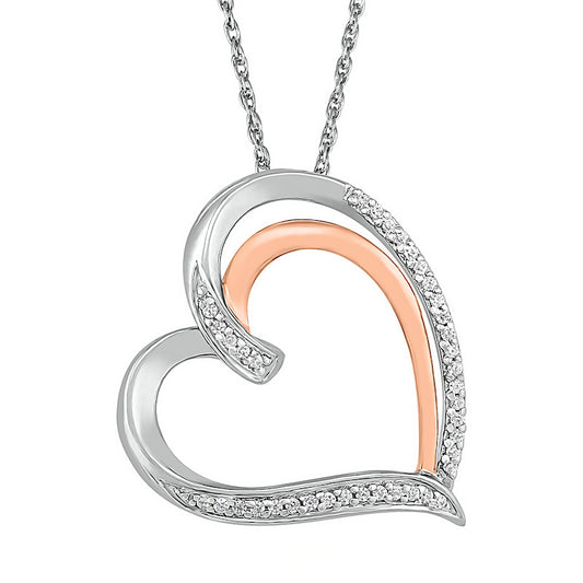 0.1 CT. T.W. Natural Diamond Double Row Heart Pendant in Sterling Silver and 10K Rose Gold