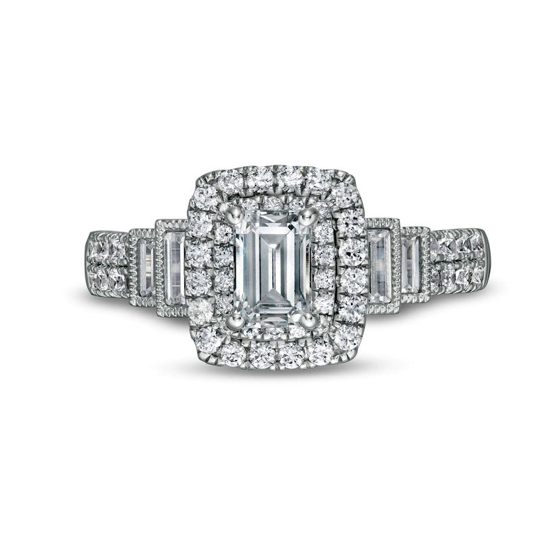 1.20 CT. T.W. Emerald-Cut Natural Diamond Frame Antique Vintage-Style Tiered Shank Engagement Ring in Solid 14K White Gold (I/I1)