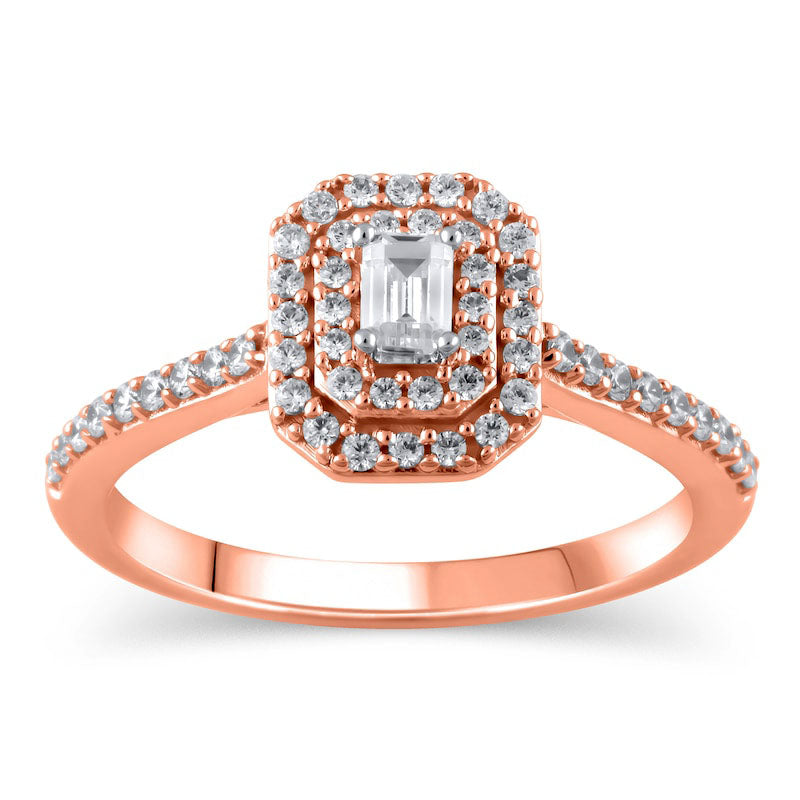 0.50 CT. T.W. Emerald-Cut Natural Diamond Double Octagonal Frame Engagement Ring in Solid 10K Rose Gold