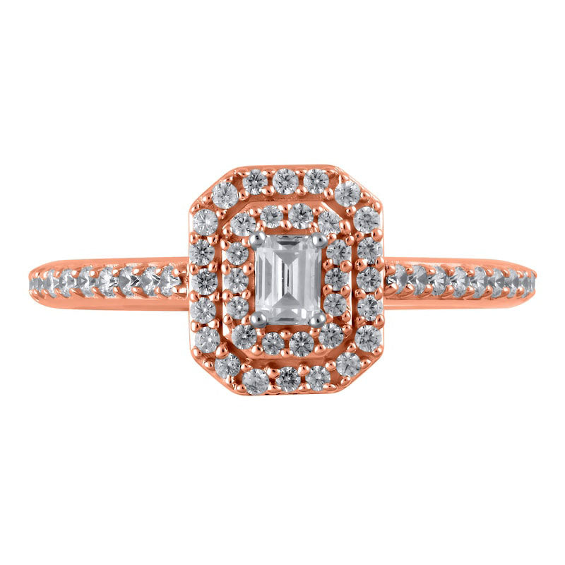 0.50 CT. T.W. Emerald-Cut Natural Diamond Double Octagonal Frame Engagement Ring in Solid 10K Rose Gold