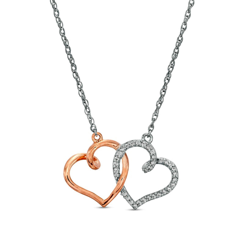 0.1 CT. T.W. Natural Diamond Interlocking Heart Necklace in Sterling Silver and 10K Rose Gold