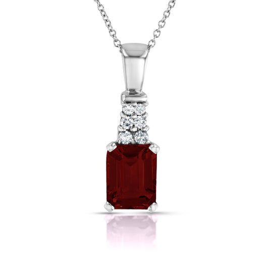 Emerald-Cut Garnet and 0.17 CT. T.W. Natural Diamond Graduated Double Row Drop Pendant in 14K White Gold