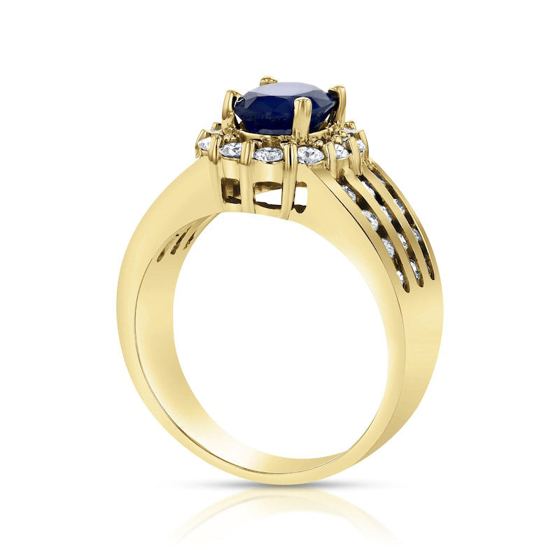 Oval Blue Sapphire and 0.75 CT. T.W. Natural Diamond Frame Channel-Set Triple Row Engagement Ring in Solid 14K Gold