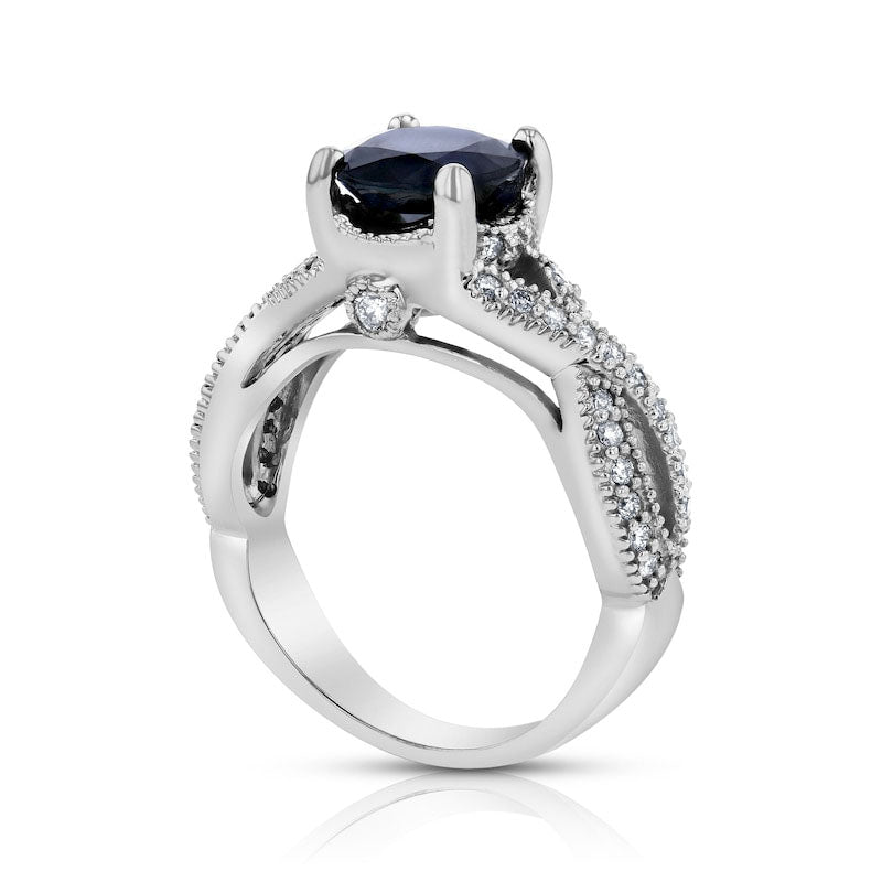 8.0mm Blue Sapphire and 0.38 CT. T.W. Natural Diamond Twist Shank Antique Vintage-Style Engagement Ring in Solid 14K White Gold