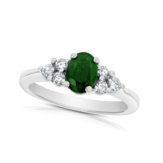 Oval Emerald and 0.33 CT. T.W. Natural Diamond Tri-Sides Engagement Ring in Solid 14K White Gold