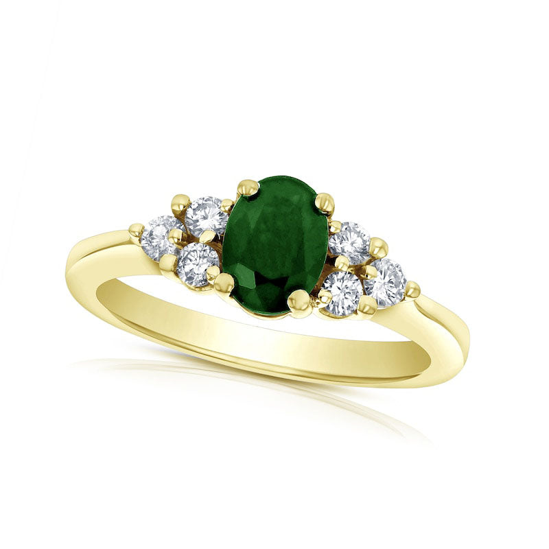 Oval Emerald and 0.33 CT. T.W. Natural Diamond Tri-Sides Engagement Ring in Solid 14K Gold