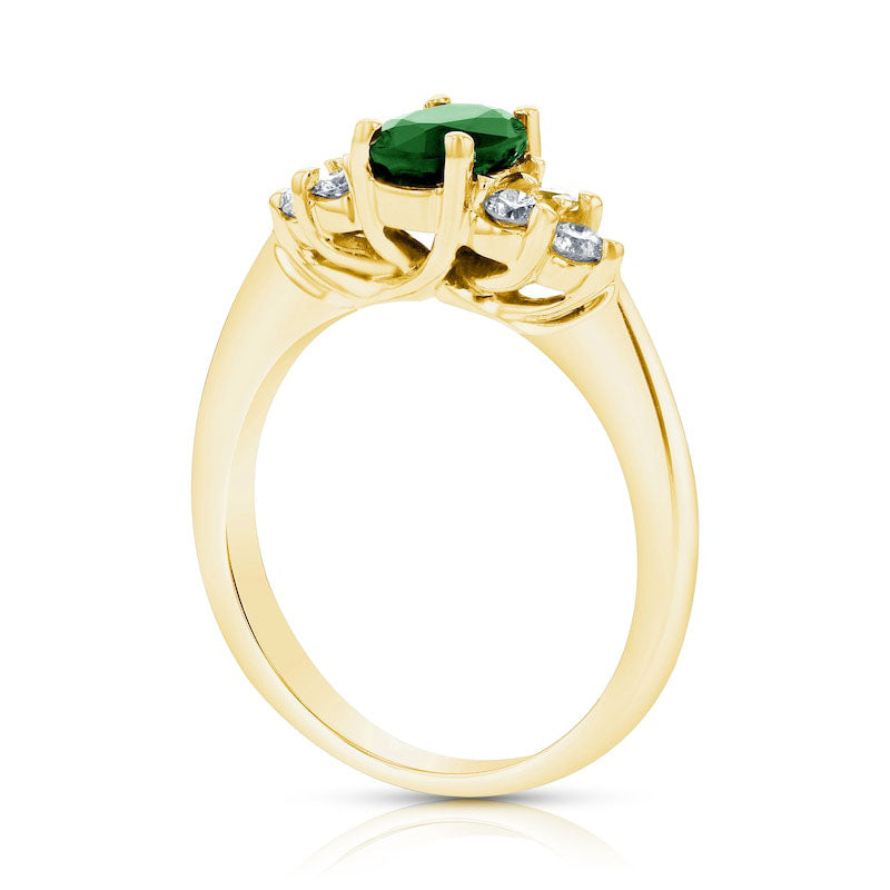 Oval Emerald and 0.33 CT. T.W. Natural Diamond Tri-Sides Engagement Ring in Solid 14K Gold