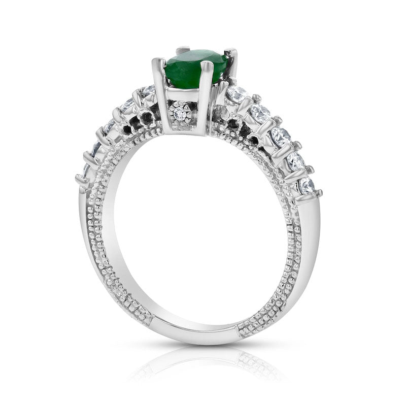 Oval Emerald and 0.50 CT. T.W. Natural Diamond Antique Vintage-Style Engagement Ring in Solid 14K White Gold