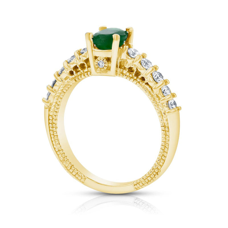 Oval Emerald and 0.50 CT. T.W. Natural Diamond Antique Vintage-Style Engagement Ring in Solid 14K Gold