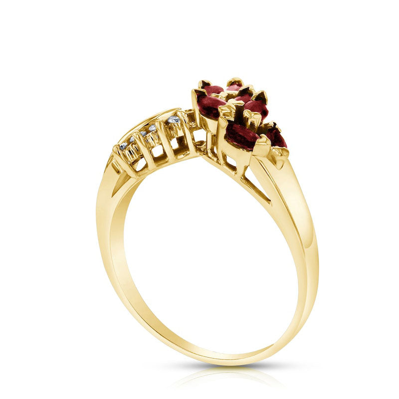 Marquise Ruby and 0.10 CT. T.W. Natural Diamond Leaf Branch Chevron Ring in Solid 14K Gold