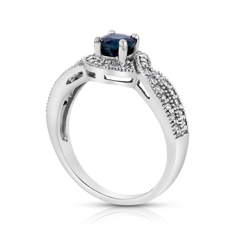 5.0mm Blue Sapphire and 0.33 CT. T.W. Natural Diamond Bypass Frame Split Shank Antique Vintage-Style Engagement Ring in Solid 14K White Gold