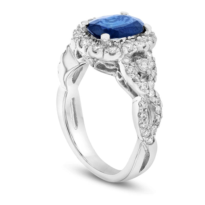 Oval Blue Sapphire and 0.63 CT. T.W. Natural Diamond Frame Side Accent Twisted Split Shank Engagement Ring in Solid 14K White Gold