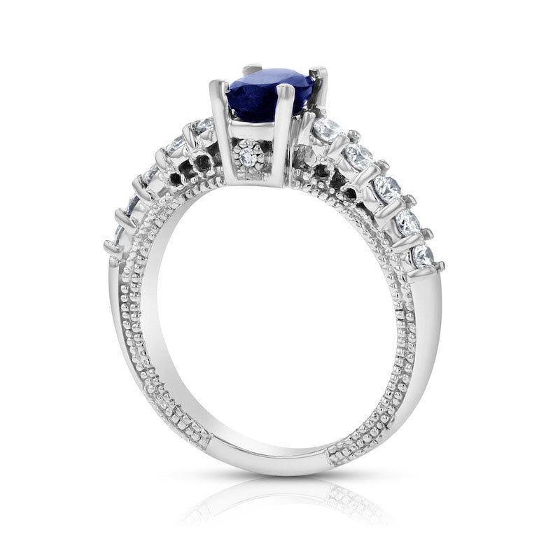 Oval Blue Sapphire and 0.50 CT. T.W. Natural Diamond Beaded Outer Edge Antique Vintage-Style Engagement Ring in Solid 14K White Gold