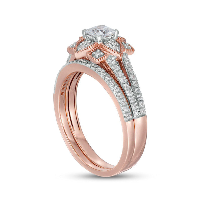 0.75 CT. T.W. Princess-Cut Natural Diamond Flower Frame Antique Vintage-Style Bridal Engagement Ring Set in Solid 10K Rose Gold