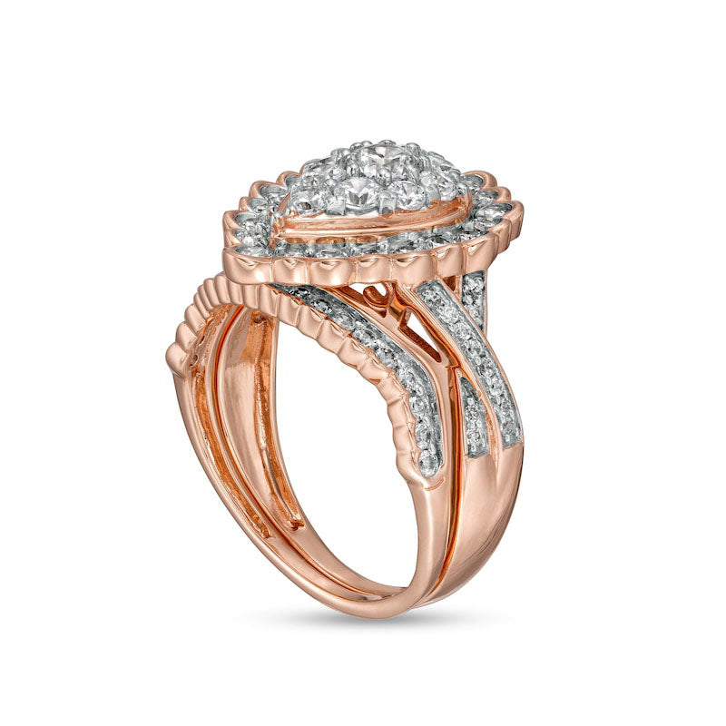 1.38 CT. T.W. Composite Pear-Shaped Natural Diamond Frame Scallop Edge Bridal Engagement Ring Set in Solid 10K Rose Gold