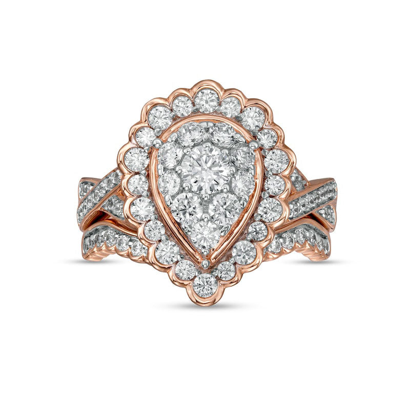 1.38 CT. T.W. Composite Pear-Shaped Natural Diamond Frame Scallop Edge Bridal Engagement Ring Set in Solid 10K Rose Gold