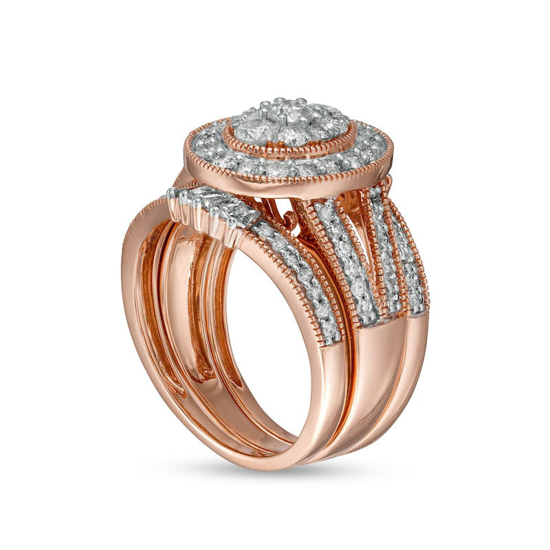 1.5 CT. T.W. Composite Oval Natural Diamond Frame Antique Vintage-Style Split Shank Three Piece Bridal Engagement Ring Set in Solid 10K Rose Gold