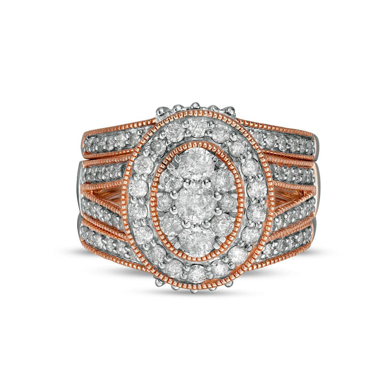 1.5 CT. T.W. Composite Oval Natural Diamond Frame Antique Vintage-Style Split Shank Three Piece Bridal Engagement Ring Set in Solid 10K Rose Gold