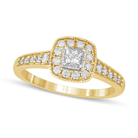 0.50 CT. T.W. Princess-Cut Natural Diamond Cushion-Shaped Frame Antique Vintage-Style Engagement Ring in Solid 10K Yellow Gold