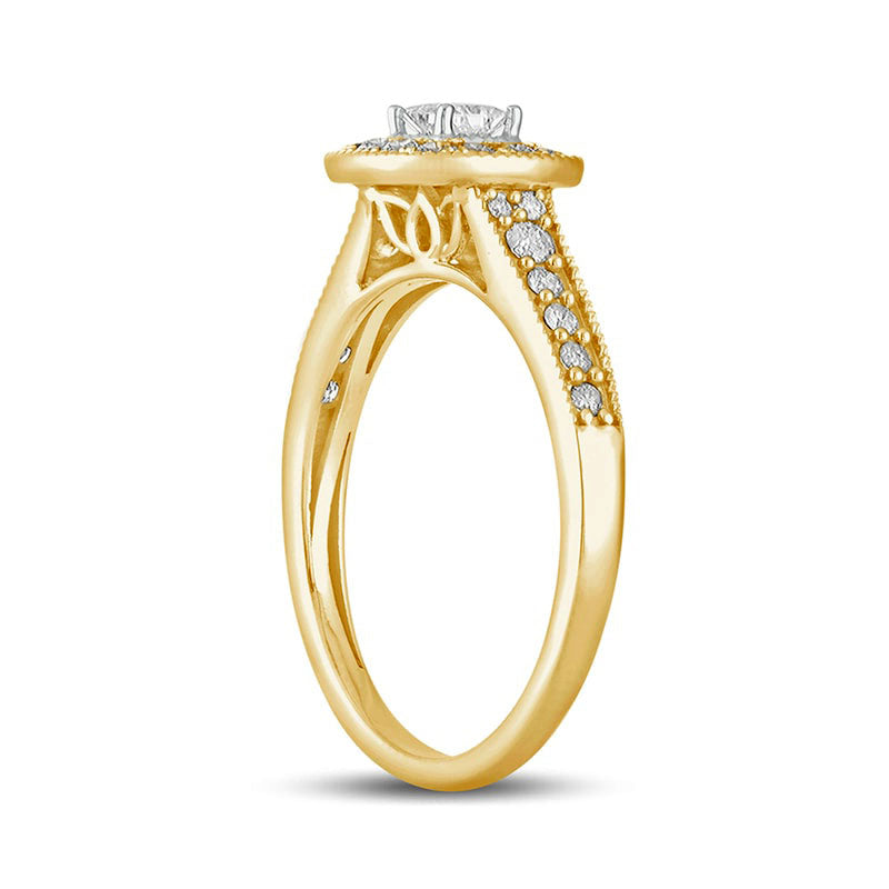 0.50 CT. T.W. Princess-Cut Natural Diamond Cushion-Shaped Frame Antique Vintage-Style Engagement Ring in Solid 10K Yellow Gold