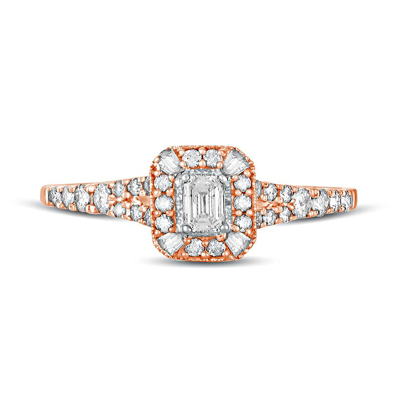 0.50 CT. T.W. Emerald-Cut Natural Diamond Frame Antique Vintage-Style Engagement Ring in Solid 10K Rose Gold