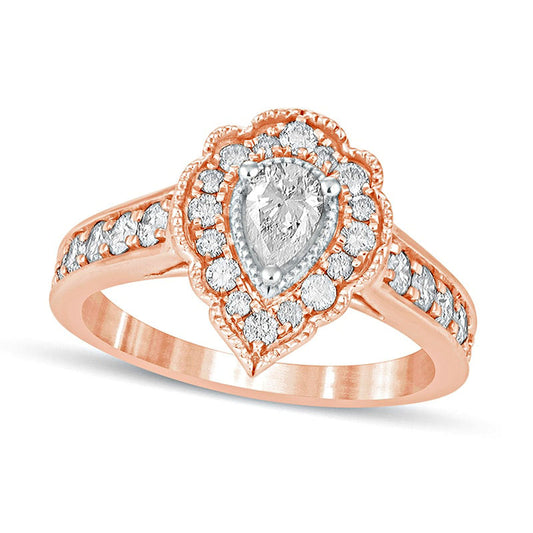 1.0 CT. T.W. Pear-Shaped Natural Diamond Scallop Frame Antique Vintage-Style Engagement Ring in Solid 14K Rose Gold