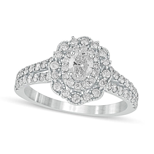 1.0 CT. T.W. Oval Natural Diamond Double Scallop Frame Antique Vintage-Style Engagement Ring in Solid 14K White Gold