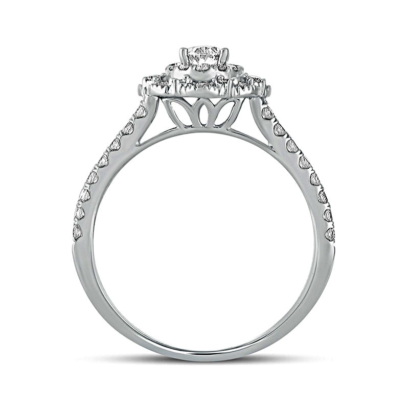 1.0 CT. T.W. Oval Natural Diamond Double Scallop Frame Antique Vintage-Style Engagement Ring in Solid 14K White Gold