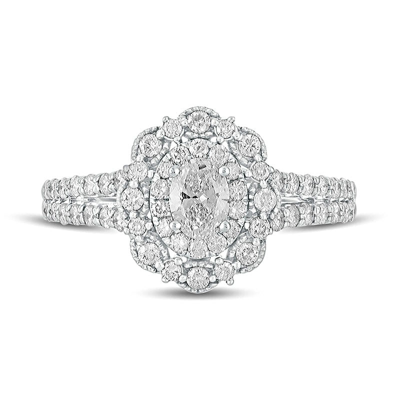 1.0 CT. T.W. Oval Natural Diamond Double Scallop Frame Antique Vintage-Style Engagement Ring in Solid 14K White Gold