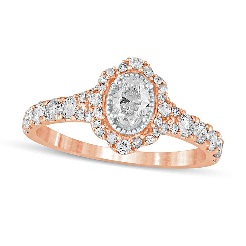 1.0 CT. T.W. Oval Natural Diamond Scallop Frame Antique Vintage-Style Engagement Ring in Solid 14K Rose Gold